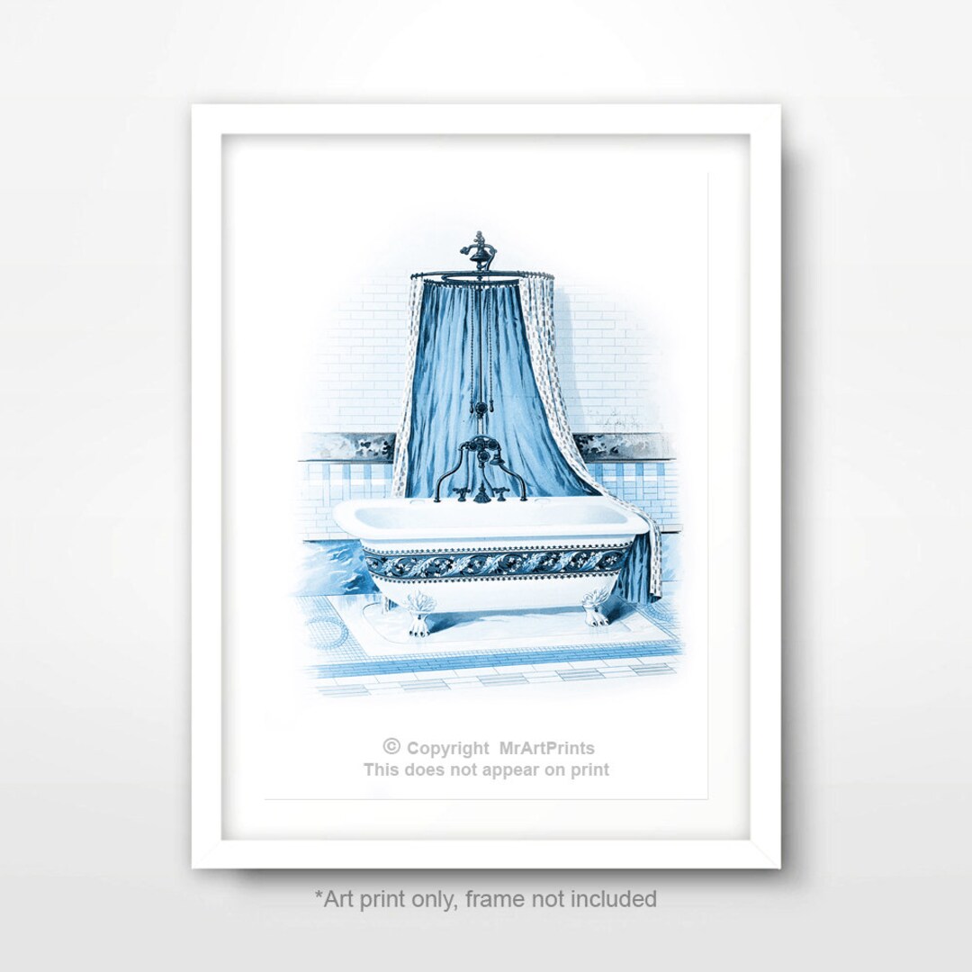 Vintage Bath Illustration Blue BATHROOM ART PRINT Poster Wall Picture ...
