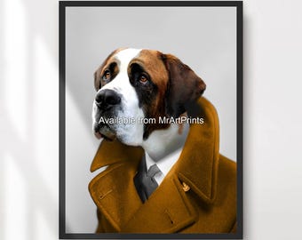 Funny St. Bernard Dog Portrait Art Print: Humorous Wall Decor