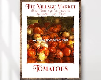 Lámina artística de tomates, decoración rústica para la pared de la cocina de una casa de campo.