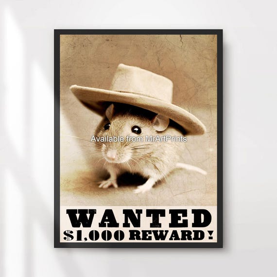 Cowboy Mouse Wanted Poster Funny Animal Portrait Wild West Art