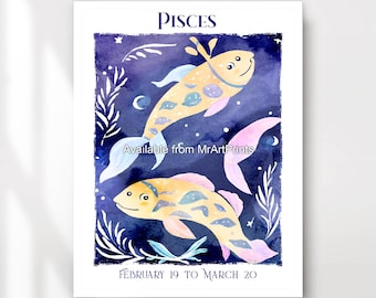 Stampa artistica dello zodiaco Pesci: decorazione da parete con segno zodiacale della galassia