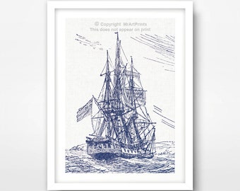 Blue Ship Art Print | Nautical Illustration Poster