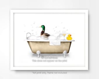 Duck in the Bath BATHROOM ART PRINT Poster Wall Picture Decor Quirky Funny Cute Unusual Animal Artwork A4 A3 A2 8x10 12x16 16x20