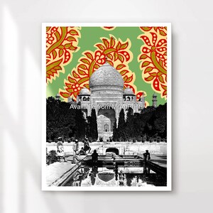 May include: A black and white photograph of the Taj Mahal, a large white marble mausoleum in Agra, India. The Taj Mahal is surrounded by a reflecting pool and lush green trees. The top of the image features a green and red paisley pattern.