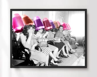 Vintage Hair Salon Art Print, Ladies Under Hair Dryers Poster