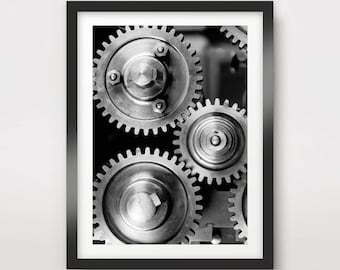 INDUSTRIAL mechanische Zahnräder Zahnräder schwarz und weiß Kunstdruck Fotografie Foto Poster Wand Bild Home Decor Interior A4 A3 A2 (10 Größen)