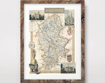 STAFFORDSHIRE County Map ART PRINT British Britain Uk Antique Vintage Historical Wall Picture Poster Home Decor A4 A3 A2 (10 Sizes)