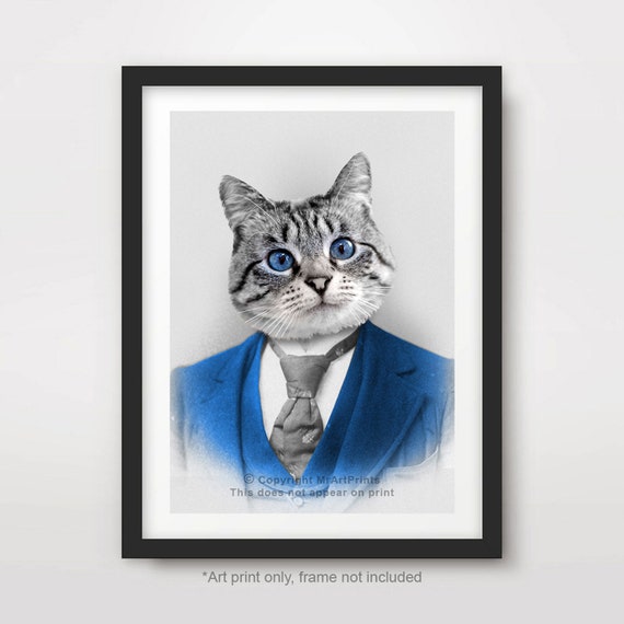 CAT Portrait ART PRINT Animal Dressed as Person People Quirky Wall