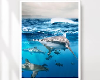 Underwater Sharks Art Print, Ocean Sealife Wall Decor