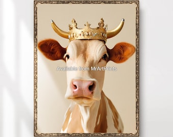 Cow with Gold Crown Art Print - Whimsical Royal Animal Portrait