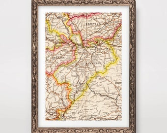 Roxburghshire Scotland Map Art Print, Vintage Scottish Chart
