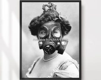 Steampunk-porträttkonsttryck: Vintage gasmask, urverksdekor