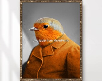 Red Robin Portrait Art Print: Bird in Clothes, Quirky Animal Poster