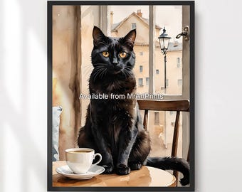 May include: A black cat with yellow eyes sits on a wooden table with a cup of coffee and a saucer. The cat is looking at the viewer. The background is a watercolor painting of a city street with a lamppost.