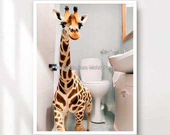 Funny Giraffe Bathroom Art Print, Quirky Animal Poster