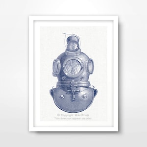 Blue Antique Vintage Diving Helmet NAUTICAL ART PRINT Seaside Illustration Picture Wall Sea Ocean Bathroom Home Decor A4 A3 A2