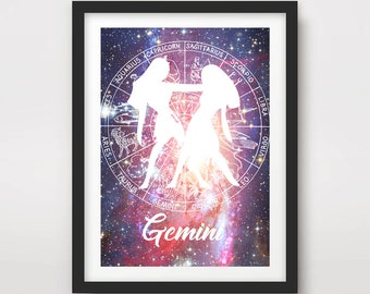 Gemini Zodiac Art Print, Astrology Star Sign Poster
