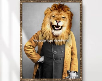 Funny Lion Portrait Art Print, Quirky Animal in Clothes