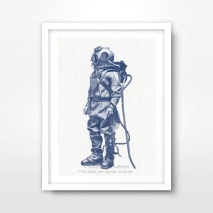 Blue Antique Vintage Diving Diver Helmet NAUTICAL ART PRINT Seaside Illustration Picture Wall Sea Ocean Bathroom Home Decor A4 A3 A2