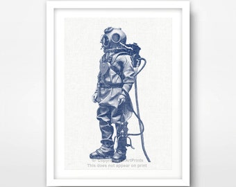 Blauwe antieke vintage duikhelm duiker NAUTISCHE KUNSTPRINT Kust illustratie foto muur zee oceaan badkamer Home decor A4 A3 A2