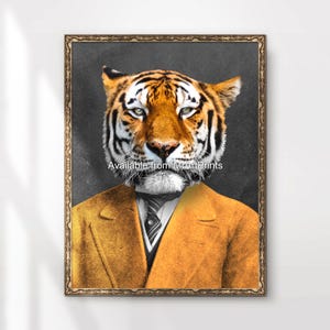 Tiger Lustig Schrulliges Portrait Kunstdruck Poster Wandbild Tiere verkleidet als Menschen Vintage A4 A3 A2 A1 JEDE GRÖSSE GEDRUCKT