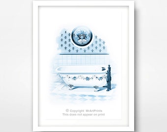 Vintage Bath Illustration Blue BATHROOM ART PRINT Poster Wall Picture Home Decor Artwork A4 A3 A2 (10 Sizes)