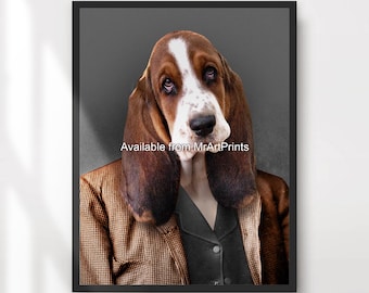 Basset Hound Art Print: Humorous Dog Portrait in Suit