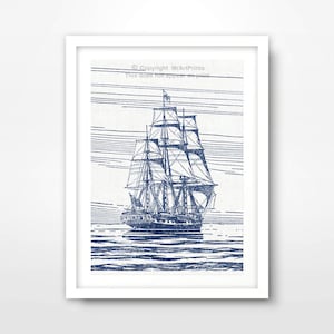 Blue Ship Art Print: Nautical Seaside Illustration, Coastal Home Decor