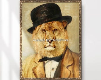 Lion Portrait Art Print, Funny Animal in Suit Poster