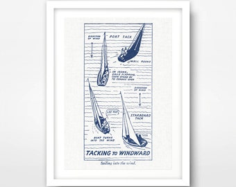 Blue Sailing Boats Nautical Art Print, Seaside Illustration