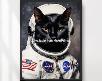 Black Cat Astronaut Art Print | Quirky Space Animal Portrait