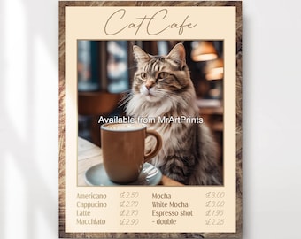 Cat Cafe Art Print | Coffee Lover Animal Barista Wall Decor