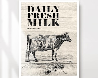 Dairy Cow Art Print, Vintage Farmhouse Kitchen Decor