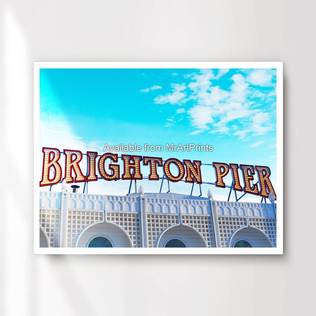 Brighton Pier Sign Art Print, Sunny Blue Sky Poster - Etsy