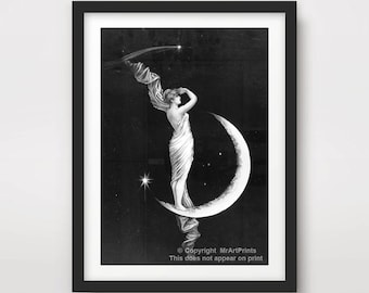 MOON Victorian Goddess Illustration Black and White ART PRINT Celestial Outer Space Lunar Poster Wall Picture Home Decor A4 A3 A2 (10 Sizes)