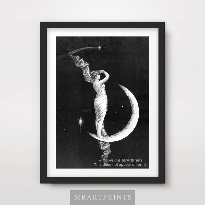 LUNA Diosa victoriana Ilustración Blanco y negro ARTE PRINT Celestial Espacio exterior Lunar Póster imagen de pared Decoración del hogar A4 A3 A2 10 tamaños imagen 1