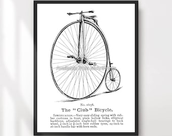 Impression d'art de bicyclette Penny Farthing | Illustration vintage noir et blanc