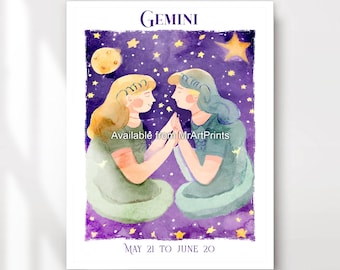 Gemini Zodiac Art Print, Celestial Star Sign Galaxy Decor