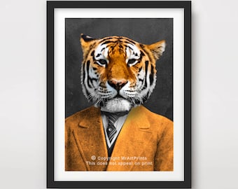 TIGER Portrait ART PRINT Animal as a Person People Quirky Wall Picture Head with Human Body Clothes Funny Vintage Unusual Home Decor Poster