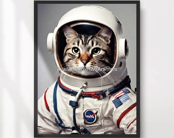 Cat Astronaut Art Print, Funny Outer Space Animal Portrait