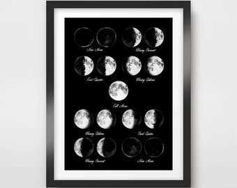 Moon Phases Art Print | Celestial Lunar Poster, Black and White