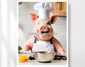Funny Pig Chef Art Print | Kitchen Cooking Decor