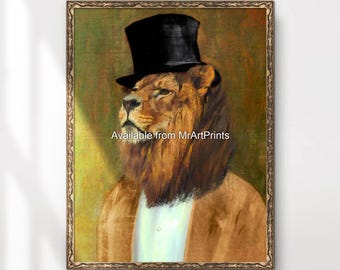 Lion Top Hat Art Print, Funny Animal Wall Decor