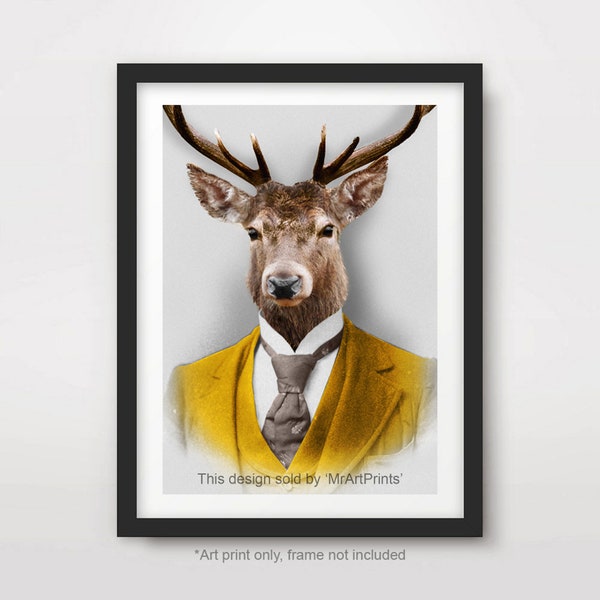 STAG Portrait ART PRINT Animal as a Person People Quirky Wall Picture Head with Human Body Clothes Funny Vintage Unusual Home Decor Poster
