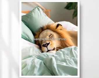 Sleeping Lion Art Print, Cozy Bedroom Animal Poster