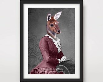 KANGAROO Portrait ART PRINT Animal dressed as Person People Quirky Wall Picture Head with Human Body in Clothes Funny Vintage Unusual Poster