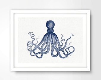 Blue Octopus NAUTICAL ART PRINT Seaside Illustration Picture Wall Sea Ocean Creature Sealife Home Decor Interior A4 A3 A2 8x10 12x16 16x20