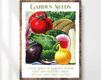 May include: Vintage style poster advertising garden seeds. The poster features a colorful assortment of fruits and vegetables, including a red tomato, a watermelon, a yellow onion, a green melon, a purple beet, and an ear of corn. The text on the poster reads "Garden Seeds" and "A wide range of exquisite flower, fruit and vegetable seeds sold here."