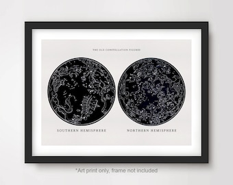 Zodiac Constellations Map Art Print, Vintage Celestial Chart