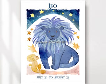 Lámina artística del signo zodiacal Leo, decoración de pared con el místico signo del león, pintura celestial en acuarela.